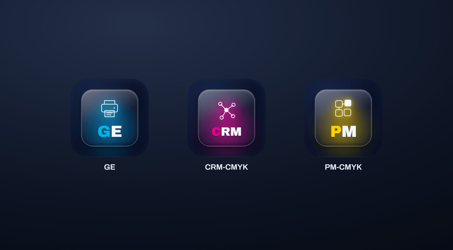 Os três aplicativos do Protocolo CMYK: GE, CRM e PrintManager Pro