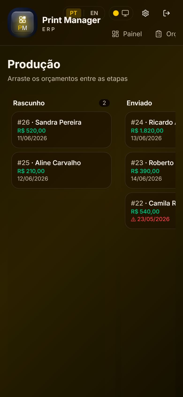 Produção no celular — PrintManager Pro